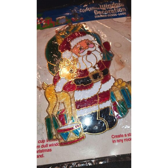 Vintage Xmas Window Decoration Stained Glass Look Santa & Reindeer - Picture 4 of 5